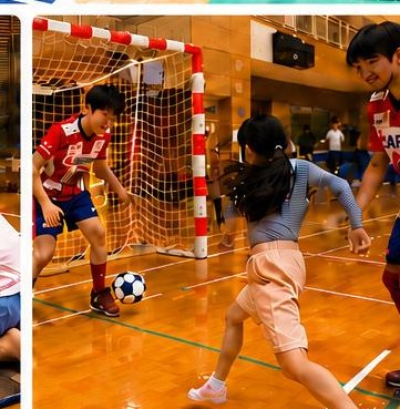 ハンドボールのゴール前で選手と遊ぶ子ども